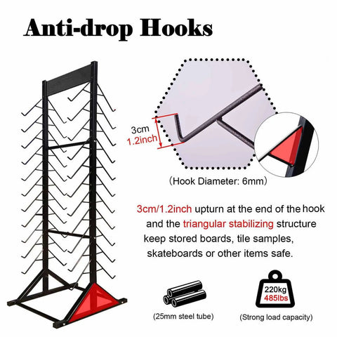 Anti-drop hooks detail on Large Capacity Heavy Duty Rock Solid Sample Rack For Building Materials Tile Display And Skirting Boards.