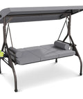 Gray Three Seat Outdoor Porch Swing Chair With Adjustable Canopy Two In One Convertible Backrest Into Bed Thick Cushions