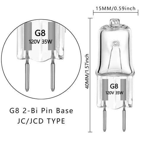G8 2-Bi Pin Base Halogen Bulb 120V 35W, dimensions 15mm x 40mm, suited for 35W Halogen G8 Bi Pin Under Cabinet Puck Lights 2700K.