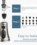 Easy install guide for Universal Replacement Kitchen Faucet Head with 15 Adapters, Brushed Nickel, diagram with connectors.
