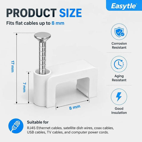 Durable Nail In Cable Clips Set of 100 for 8mm Cords and RJ45 Cat5 to Cat7 Ethernet Cables Flat Wall Mount Clips for Coax Speaker Wire and Cords Easy Install With Hardened Nails and Stable Plastic, white 8mm nail-in clip on wall