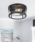 Industrial Flush Mount Ceiling Light With Seeded Glass Shade For Hallway Entryway Kitchen Living Room Bright 2 Light E26 Fixture In Black Metal Finish Durable And Easy To Clean Homes installed indoors