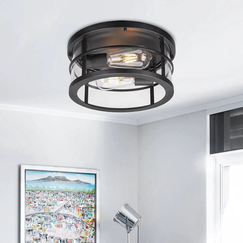 Industrial 2 Light Flush Mount Ceiling Light With Clear Glass Shade In Black Finish, 11.6 Inch Round Metal Fixture For Hallways Porches Kitchens And Living Rooms, Indoor Outdoor Use, No Fuss Bulb Access