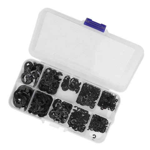 E Clip Assortment Kit With 580 Pieces Stainless Steel E Type Retaining Rings in storage box for secure fixing on grooved shafts.