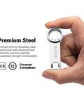 Hand holding One Half Inch Drive Fifteen Sixteenths Inch Torque Adapter With 12 Point Box End Three Inch Reach For Tightening In Hard To Reach Areas With Your Torque Wrench, showing chrome vanadium steel construction.