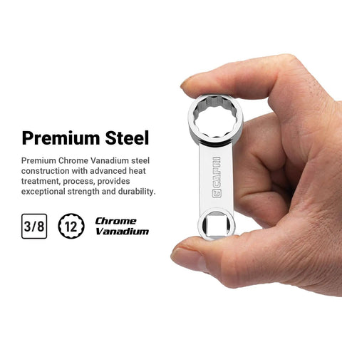 Hand holding Three Eighth Inch Drive Torque Adapter 12mm 12 Point Box End Extends Your Torque Wrench Reach For Hard To Reach Fasteners And Keeps Your Torque On Point Great For Automotive And Bike Work In Tight Spots, showing chrome vanadium steel.