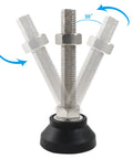 Four Pack Heavy Duty Adjustable Leveling Feet With M16 Screw Thread And Slick Black Rubber Base For Furniture And Machines Delivers Rock Solid Stability Includes Nifty T Bolts For Quick Setup showing adjustable height and angle.
