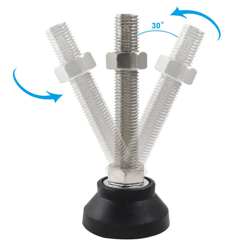Four Pack Heavy Duty Adjustable Leveling Feet With M16 Screw Thread And Slick Black Rubber Base For Furniture And Machines Delivers Rock Solid Stability Includes Nifty T Bolts For Quick Setup showing adjustable height and angle.