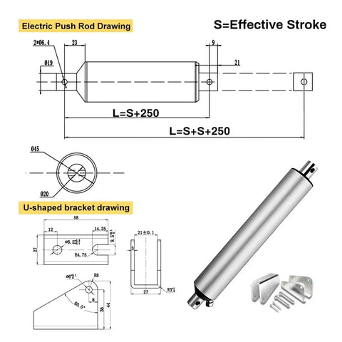 Heavy Duty DC 12V Linear Actuator Electric Push Rod With 900mm Stroke And Rock Solid 1500 Newton Force IP65 Waterproof technical drawing.