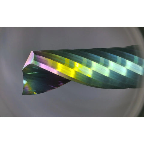 Solid carbide CNC spiral single-flute end mill, 1/4 in dia, 2 in length, 1/4 in shank, rainbow finish.