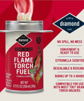 Red Flame Torch Fuel Citronella Scented Ready To Use No Spill No Mess 8 Ounce Container with flame visible next to product details