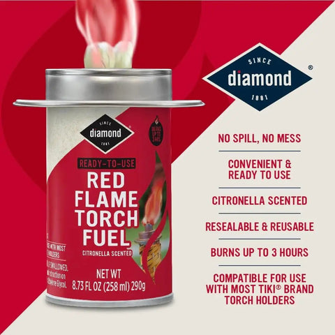 Red Flame Torch Fuel Citronella Scented Ready To Use No Spill No Mess 8 Ounce Container with flame visible next to product details