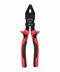 Red and black handled pliers with branding engraved on jaws, featuring sharp edges and grip for electrical work or household projects.