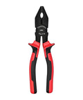 Red and black gripping pliers with ergonomic handles and CRV logo, front view.