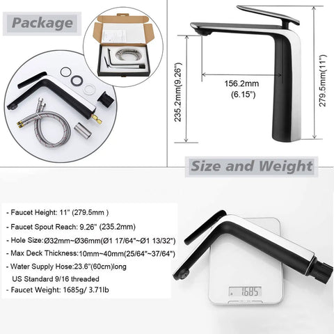 Tall Matte Black And Chrome Bathroom Vessel Sink Faucet With Single Lever showing dimensions and package contents
