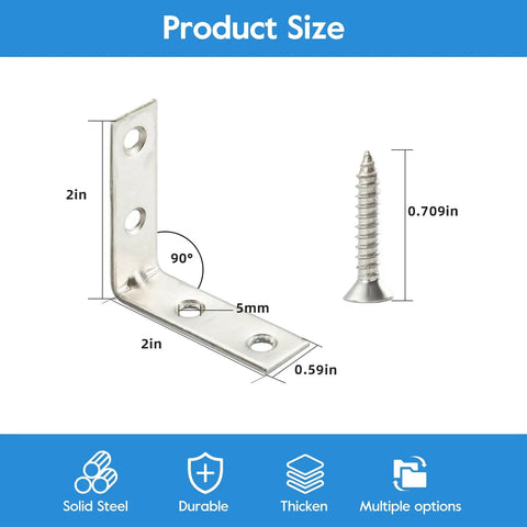 Product size diagram of a 40 Piece Stainless Steel L Bracket Corner Brace Set With Screws For Shelves And Wood Furniture Frames, 2 Inch Right Angle Brackets