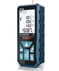 Pro Grade Laser Distance Meter With Backlit LCD Display, showing readings and buttons, Upgraded High Accuracy Electronic Tape Measure.