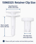 Top Shelf 50 Pcs Car Door Trim Panel Retainer Clips Nylon Bumper Fastener Rivets showing head and stem size details.