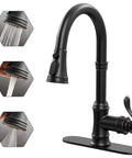 Matte Black Kitchen Sink Faucet With Pull Down Sprayer Three Outlet Modes Farmhouse Style Single Hole Mount with Deck Plate