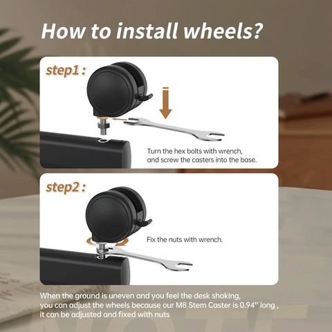How to install Top Shelf Black 2.5 Inch Locking Swivel Caster Wheels Set Of 4 With M8 Threaded Stem Mount adjusted with wrench.