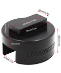 Front view of black round jack pad with a slotted rubber rectangular top for BMW/MINI frame rails.