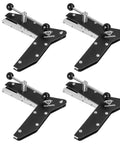 Dead Nut Tight Four Piece Miter Clamps For Precision Workshop Builds Rock Solid Corners On Window Trims Door Casings Picture Frames And Cabinet Trim With Slick Lever Action And Self Gripping Teeth That Nail Every Angle Without Any Sweat Or Backlash; set of four clamps with black and silver design.
