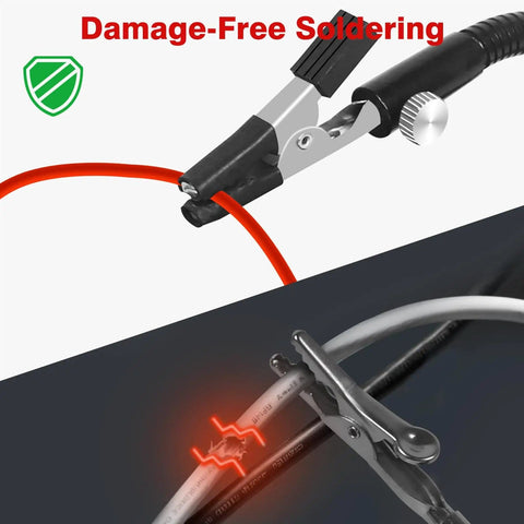 Close-up of adjustable soldering helping hands with clamp holding wire, illustrating use for precise PCB assembly and electronic repairs.