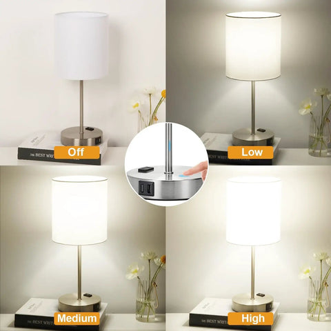 Touch Table Lamp Set Of 2 With USB Ports And AC Outlet, 3-Way Dimmable Bedside Lamps showing off, low, medium, high light settings