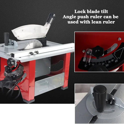 Slick Portable Bench Top Table Saw With Killer 4800 Rpm Motor showing blade tilt adjustment and angle ruler for precise cuts.