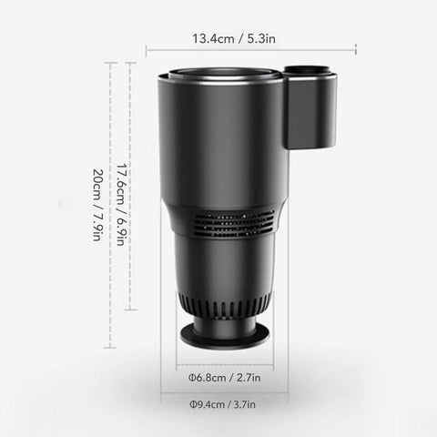 Smart 2 In 1 Car Cup Cooler And Warmer Perfect Tumbler Holder in black, showing dimensions for precise fit.