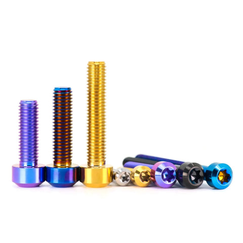 Aviation Grade Titanium Cone Head Screws Torx Anti Theft 4 Pack M4 M5 M6 M8 Burnt Blue CNC Machined arranged by size and color