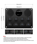 Front view of Beefy 8 Gang 12-24V Switch Panel With Dual USB Charger and illuminated LED rockers in black finish.