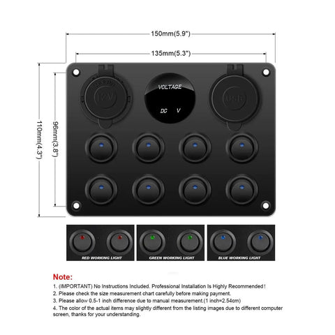 Front view of Beefy 8 Gang 12-24V Switch Panel With Dual USB Charger and illuminated LED rockers in black finish.