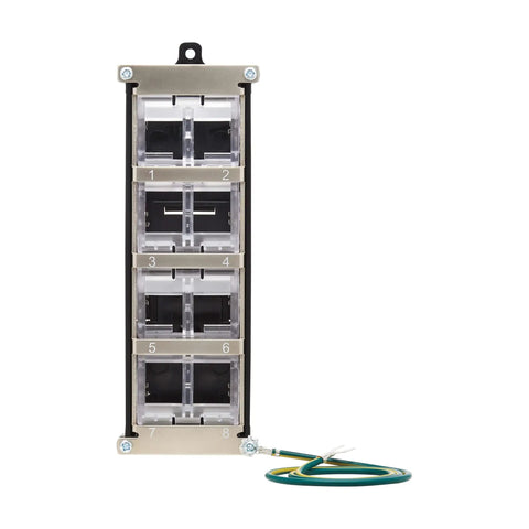 Front view of Eight Port DIN Rail Keystone Jack Mounting Module with grounding, showing eight blank keystone cutouts and grounding wire.