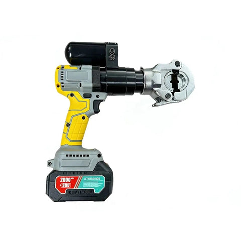 QY-300 Battery Powered Electric Crimping Tool For Copper And Aluminum Cables 16 To 300mm2 Cordless hydraulic wire press plier side view.