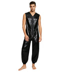 Heavy Duty Men Oil Repellent Spray Painting Coveralls With Wicked Stretch Zip Up Sleeveless Mechanic Jumpsuit In Sleek Black, shown on model.