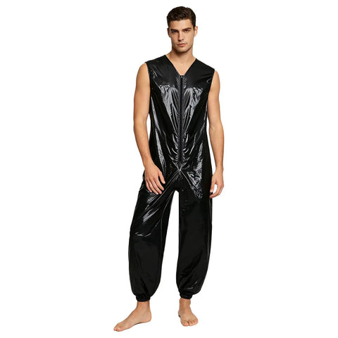 Heavy Duty Men Oil Repellent Spray Painting Coveralls With Wicked Stretch Zip Up Sleeveless Mechanic Jumpsuit In Sleek Black, shown on model.