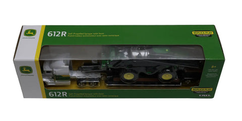 612R Self Propelled Sprayer Toy With Unfolding Booms And Hinged Ladder Rear Boom Raises And Lowers One Sixty Fourth Scale Semi Truck Decked Out In John Deere Graphics in packaging