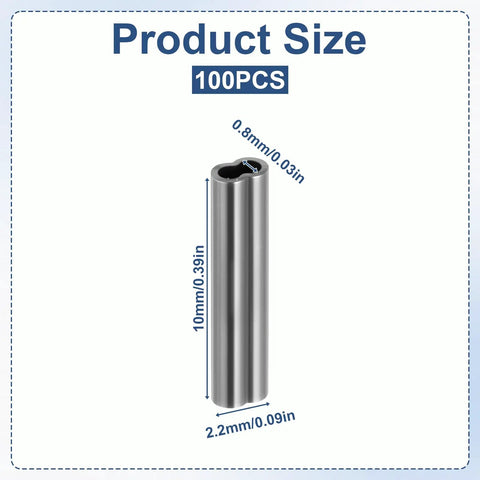Pro Grade 100 Pcs Crimp Sleeves Double Barrel Aluminum Cable Ferrule Wire Rope Sleeves For Fishing Line Rigging Tackle Inner Diameter 0.8mm Fits 0.6mm Wire Burr Free Interior For Smooth Crimp And Strong Secure Connections. 0.8mm x 10mm aluminum double-barrel crimp sleeve