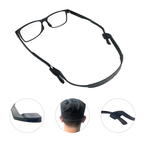Kids Silicone Glasses Straps 3 Pack Non Slip Elastic Eyewear Straps shown on eyeglasses and worn by a child, back view.