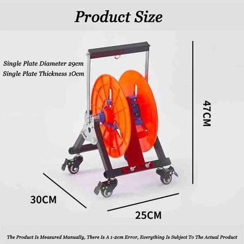 Rugged Pro Grade Wire Spool Rack On Wheels For Electrical And Garage Use with size dimensions and orange spool plates