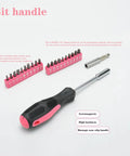 Screwdriver handle and pink bit set from 39 Piece All Purpose Pink Tool Kit For Women With Toolbox Small Tool Set Great For Home Garage Office And College Dorm Use Perfect Starter DIY Repair Kit With Hammer Pliers Screwdrivers Tape Measure And More.