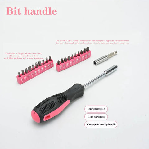 Screwdriver handle and pink bit set from 39 Piece All Purpose Pink Tool Kit For Women With Toolbox Small Tool Set Great For Home Garage Office And College Dorm Use Perfect Starter DIY Repair Kit With Hammer Pliers Screwdrivers Tape Measure And More.