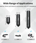 Rugged 15mm Rod Extension Kit With One Two And Three Inch Sections Featuring 1/4 Male To Female Threads crafted from aluminum alloy, displayed with dimensional labels.
