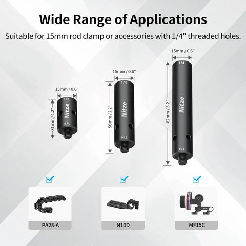 Rugged 15mm Rod Extension Kit With One Two And Three Inch Sections Featuring 1/4 Male To Female Threads crafted from aluminum alloy, displayed with dimensional labels.