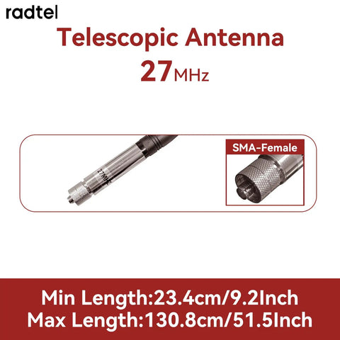 RTA-27B Telescopic 27MHz CB Antenna Beefed Up Signal Boost with SMA Female Connector, extended and compact view