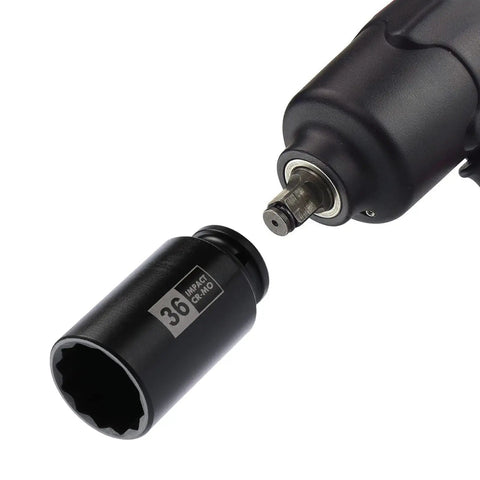 Deep Axle Nut Impact Socket Set For Half Inch Drive With 12 Point Design In CR MO Steel, 36mm deep socket attached to tool.