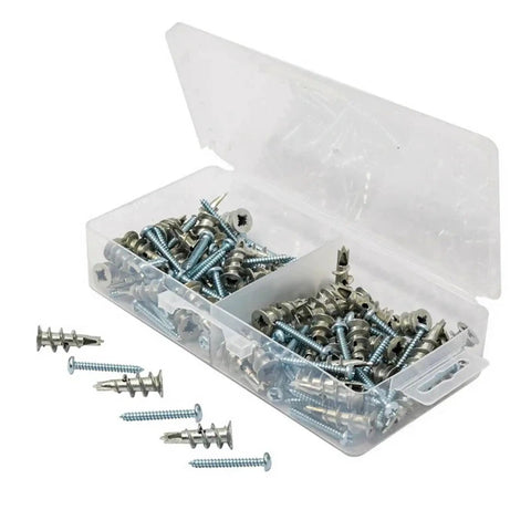 Drywall Anchor Kit with Self-Drilling Screws, 100 Pcs, 50 Lb Capacity, Heavy Duty Zinc-Plated Carbon Steel, Rust Resistant, No Pre-Drill Install, Easy Mount for Shelves, Pictures, TV Brackets and More in plastic box
