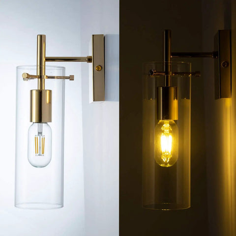 Set of 2 Gold Wall Sconces With Clear Glass Shade, Modern Metal Wall Mount Lamps, illuminated and unlit views, Glam Gold Finish