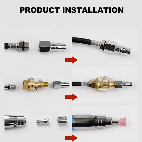 Air Powered Pencil Die Grinder Kit Pumping 65000 Rpm Beefed Up Torque installation steps showing tool components and connections.